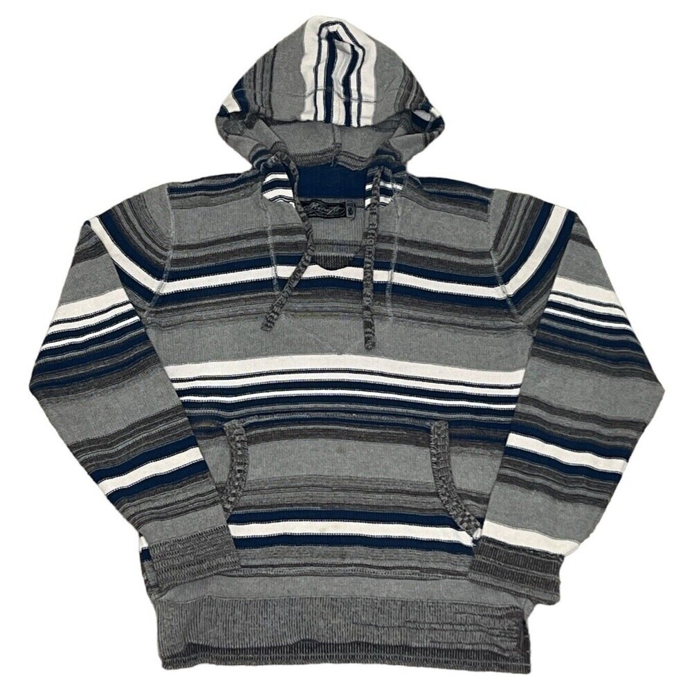 RETROFIT Hooded Striped Pullover Sweater Kangaroo Pocket Small Gray Blue